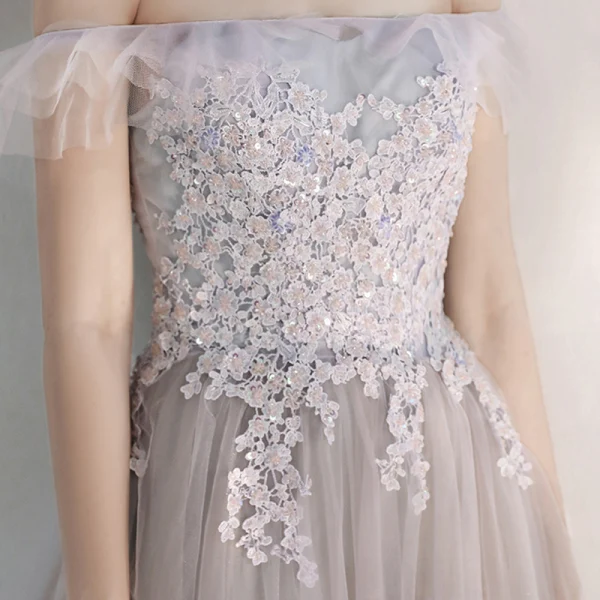 Elegant Lilac Evening Dresses  2020 A-Line / Princess Off-The-Shoulder Short Sleeve Appliques Lace Beading Floor-Length / Long Ruffle Backless Formal Dresses