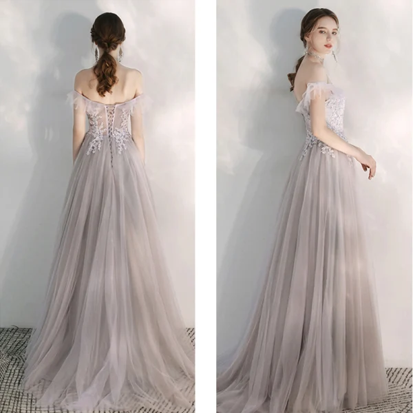 Elegant Lilac Evening Dresses  2020 A-Line / Princess Off-The-Shoulder Short Sleeve Appliques Lace Beading Floor-Length / Long Ruffle Backless Formal Dresses