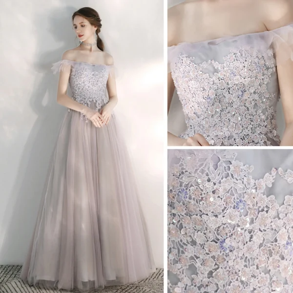 Elegant Lilac Evening Dresses  2020 A-Line / Princess Off-The-Shoulder Short Sleeve Appliques Lace Beading Floor-Length / Long Ruffle Backless Formal Dresses