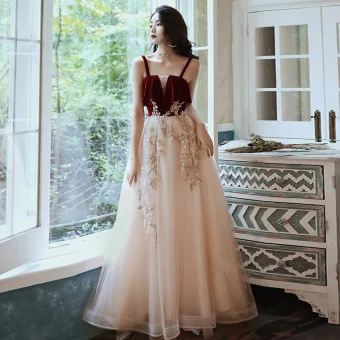 Deux Tons Rouge Champagne Robe De Soirée 2020 Princesse Bretelles Spaghetti Sans Manches Appliques En Dentelle Longue Volants Dos Nu Robe De Ceremonie
