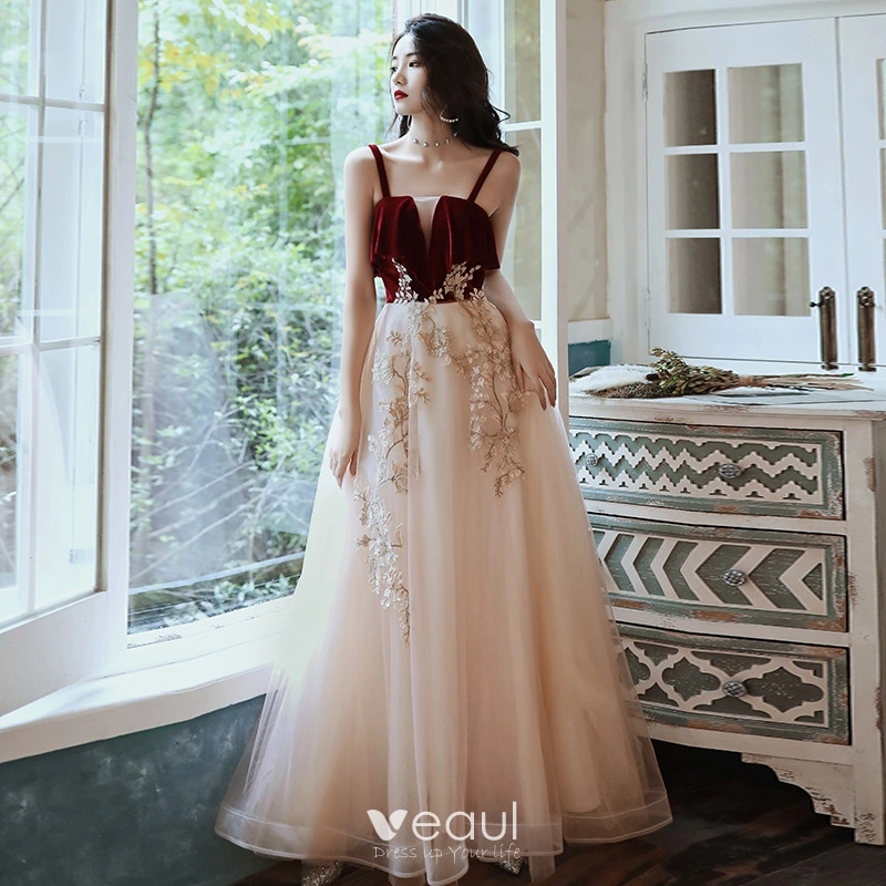 Two Tone Red Champagne Evening Dresses 2020 A-Line / Princess Spaghetti Straps Sleeveless Appliques Lace Floor-Length / Long Ruffle Backless Formal Dresses Two Tone Red Champagne Evening Dresses 2020 A-Line / Princess Spaghetti Straps Sleeveless Appliques Lace Floor-Length / Long Ruffle Backless Formal Dresses