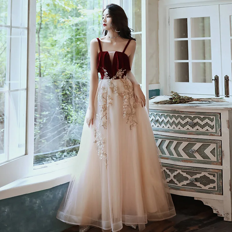 Two Tone Red Champagne Evening Dresses 2020 A-Line / Princess Spaghetti Straps Sleeveless Appliques Lace Floor-Length / Long Ruffle Backless Formal Dresses Two Tone Red Champagne Evening Dresses 2020 A-Line / Princess Spaghetti Straps Sleeveless Appliques Lace Floor-Length / Long Ruffle Backless Formal Dresses