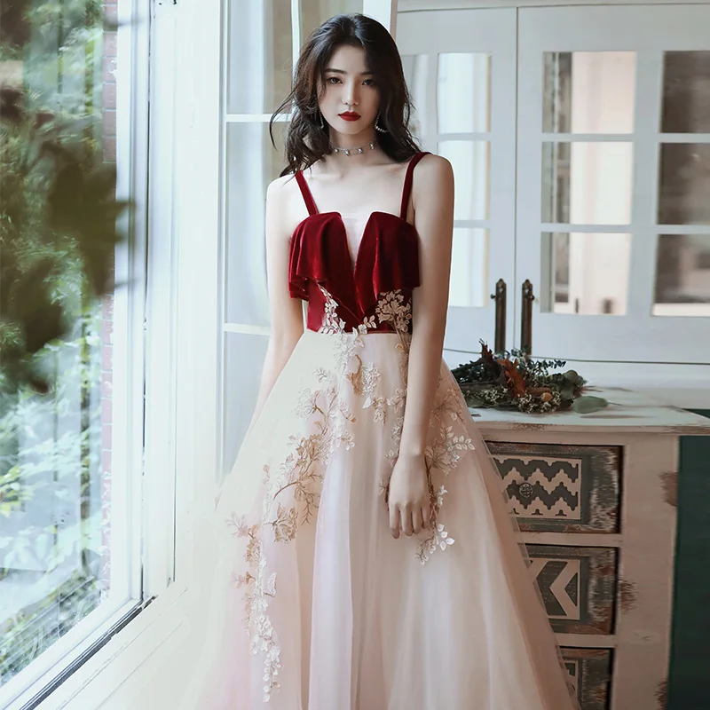 Two Tone Red Champagne Evening Dresses 2020 A-Line Princess Spaghetti Straps Sleeveless
