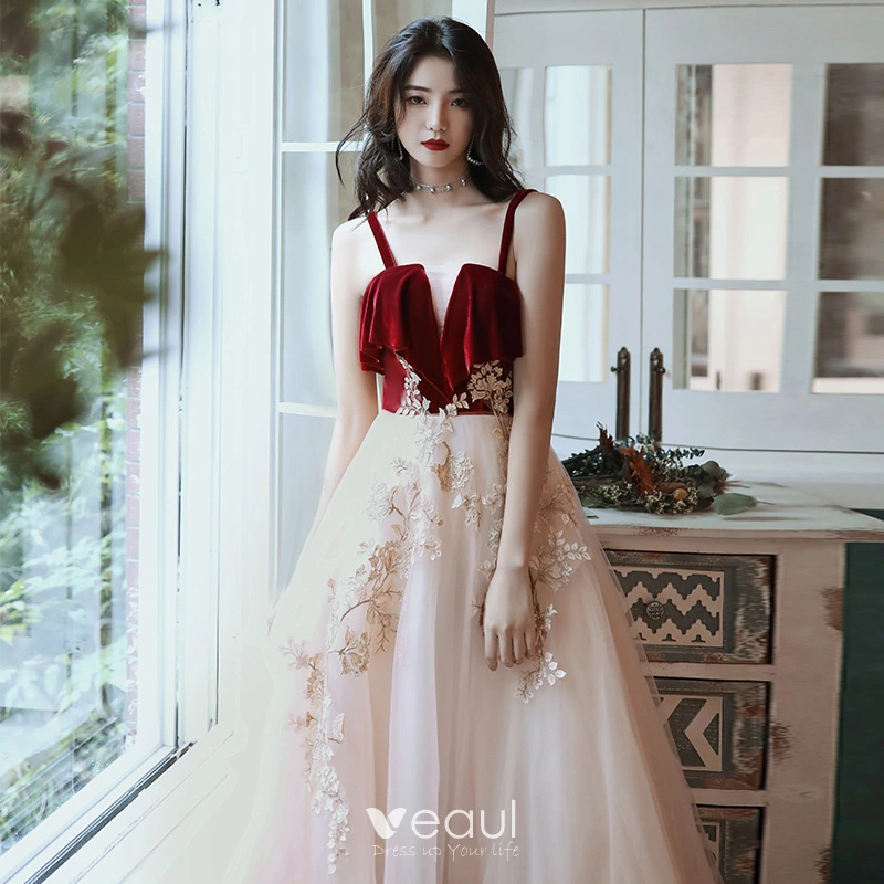 fitted lace wedding dress Red Long Sleeve Lace Prom Dress V-Neck with Slit