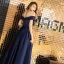 Chic / Belle Bleu Marine Satin Robe De Soirée 2019 Princesse De l'épaule Manches Courtes Faux Diamant Ceinture Longue Volants Dos Nu Robe De Ceremonie
