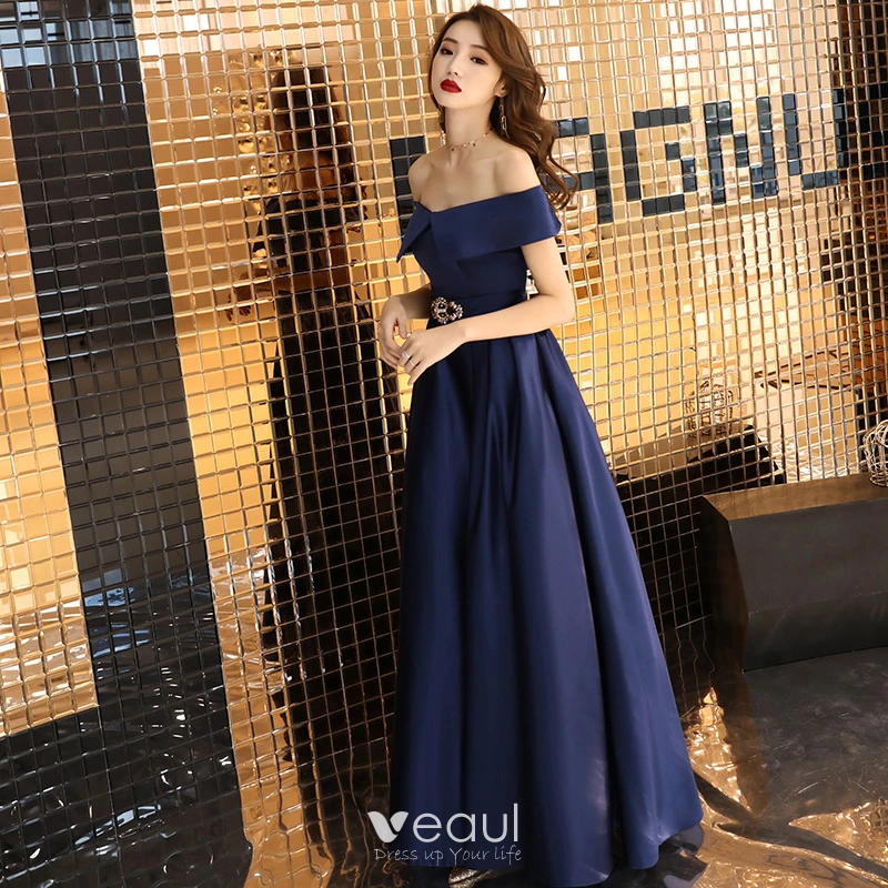 Chic / Beautiful Navy Blue Satin Evening Dresses 2019 A-Line / Princess ...