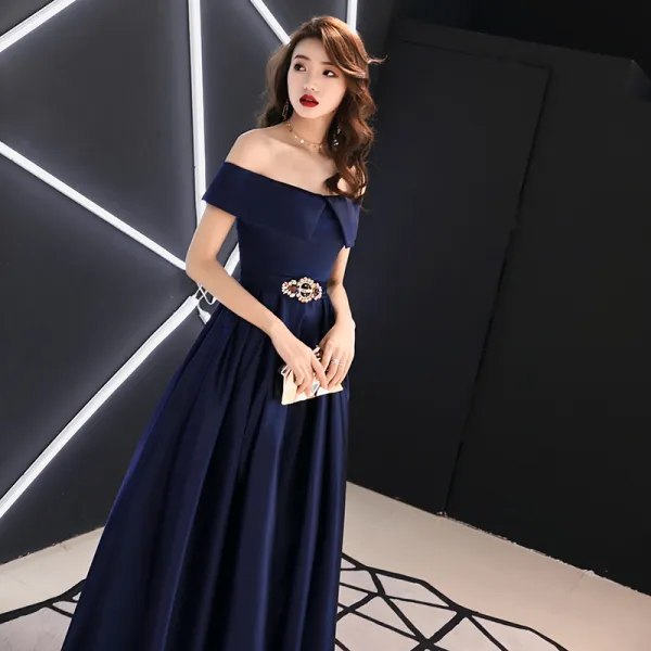 Chic / Beautiful Navy Blue Satin Evening Dresses 2019 A-Line / Princess ...