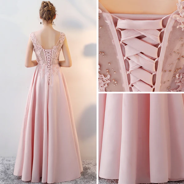 Chic / Beautiful Blushing Pink Evening Dresses 2018 A-Line / Princess Scoop Neck Sleeveless Appliques Lace Pearl Rhinestone Floor-Length / Long Ruffle Backless Formal Dresses
