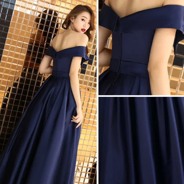Chic / Belle Bleu Marine Satin Robe De Soirée 2019 Princesse De l'épaule Manches Courtes Faux Diamant Ceinture Longue Volants Dos Nu Robe De Ceremonie