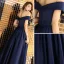 Chic / Belle Bleu Marine Satin Robe De Soirée 2019 Princesse De l'épaule Manches Courtes Faux Diamant Ceinture Longue Volants Dos Nu Robe De Ceremonie
