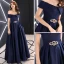 Chic / Belle Bleu Marine Satin Robe De Soirée 2019 Princesse De l'épaule Manches Courtes Faux Diamant Ceinture Longue Volants Dos Nu Robe De Ceremonie