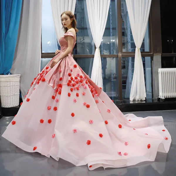 Flower Fairy Blushing Pink Red Carpet Evening Dresses  2023 Ball Gown Off-The-Shoulder Short Sleeve Appliques Flower Court Train Ruffle Backless Formal Dresses
