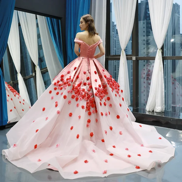Flower Fairy Blushing Pink Red Carpet Evening Dresses  2023 Ball Gown Off-The-Shoulder Short Sleeve Appliques Flower Court Train Ruffle Backless Formal Dresses
