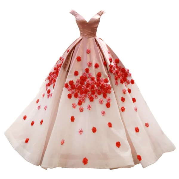 Flower Fairy Blushing Pink Red Carpet Evening Dresses  2023 Ball Gown Off-The-Shoulder Short Sleeve Appliques Flower Court Train Ruffle Backless Formal Dresses