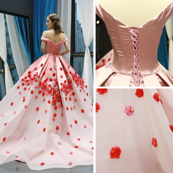 Flower Fairy Blushing Pink Red Carpet Evening Dresses  2023 Ball Gown Off-The-Shoulder Short Sleeve Appliques Flower Court Train Ruffle Backless Formal Dresses