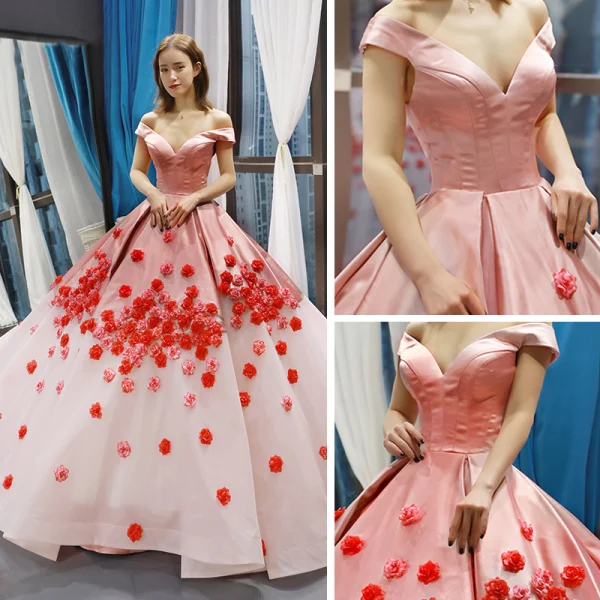 Flower Fairy Blushing Pink Red Carpet Evening Dresses  2023 Ball Gown Off-The-Shoulder Short Sleeve Appliques Flower Court Train Ruffle Backless Formal Dresses