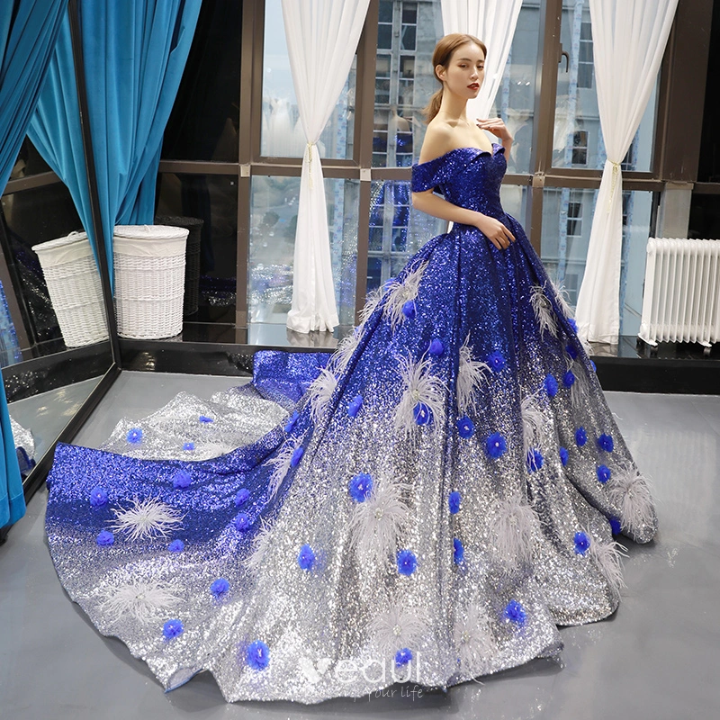 Petals Embellished Sky Blue Strapless Prom Dress - Promfy