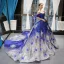 Scintillantes Bleu Roi Dégradé De Couleur Argenté Paillettes Tapis rouge Robe De Soirée 2023 Princesse De l'épaule Manches Courtes Appliques Fleur Perlage Plumes Chapel Train