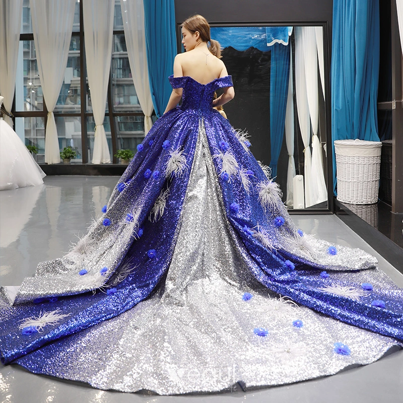 Royal Blue Lace Wedding Dresses Off The Shoulder Appliques Sequins Ball  Gowns
