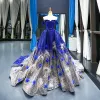 Sparkly Royal Blue Gradient-Color Silver Sequins Red Carpet Evening Dresses  2023 A-Line / Princess Off-The-Shoulder Short Sleeve Appliques Flower Beading Feather Chapel Train