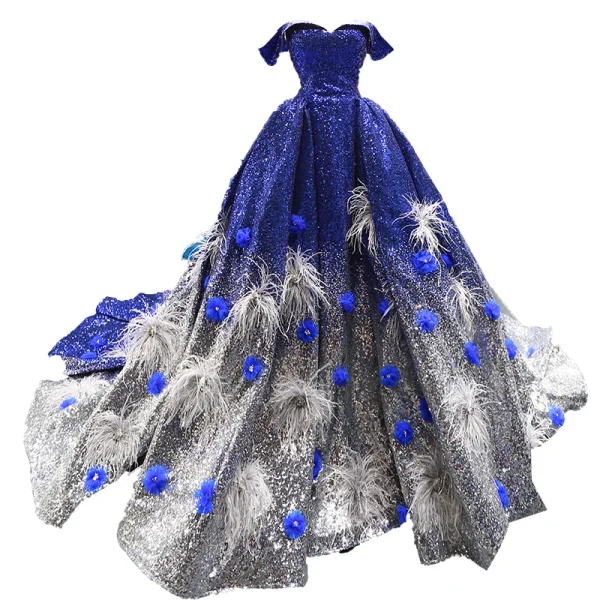 Scintillantes Bleu Roi Dégradé De Couleur Argenté Paillettes Tapis rouge Robe De Soirée 2023 Princesse De l'épaule Manches Courtes Appliques Fleur Perlage Plumes Chapel Train