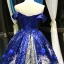 Scintillantes Bleu Roi Dégradé De Couleur Argenté Paillettes Tapis rouge Robe De Soirée 2023 Princesse De l'épaule Manches Courtes Appliques Fleur Perlage Plumes Chapel Train
