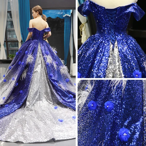 Scintillantes Bleu Roi Dégradé De Couleur Argenté Paillettes Tapis rouge Robe De Soirée 2023 Princesse De l'épaule Manches Courtes Appliques Fleur Perlage Plumes Chapel Train