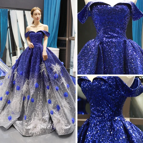 Scintillantes Bleu Roi Dégradé De Couleur Argenté Paillettes Tapis rouge Robe De Soirée 2023 Princesse De l'épaule Manches Courtes Appliques Fleur Perlage Plumes Chapel Train