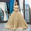 High-end Gold Dancing Prom Dresses 2023 Ball Gown Shoulders Sleeveless Glitter Tulle Floor-Length / Long Ruffle Backless Formal Dresses
