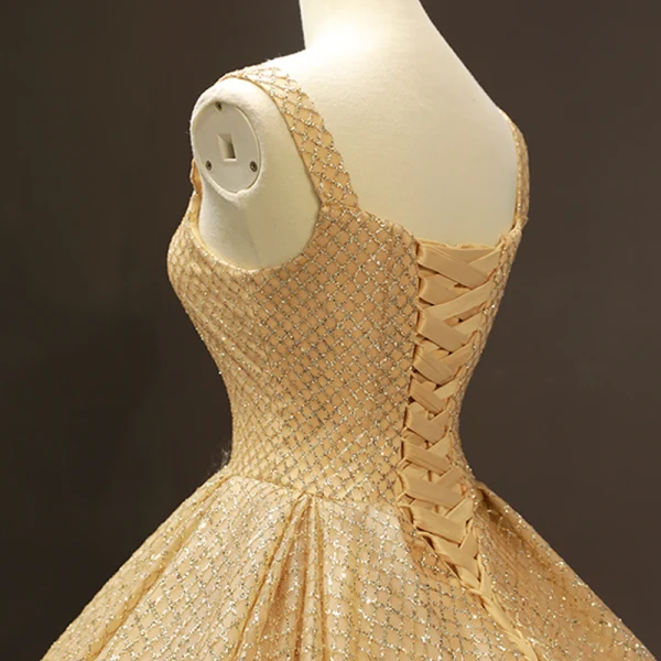 High-end Gold Dancing Prom Dresses 2023 Ball Gown Shoulders Sleeveless Glitter Tulle Floor-Length / Long Ruffle Backless Formal Dresses