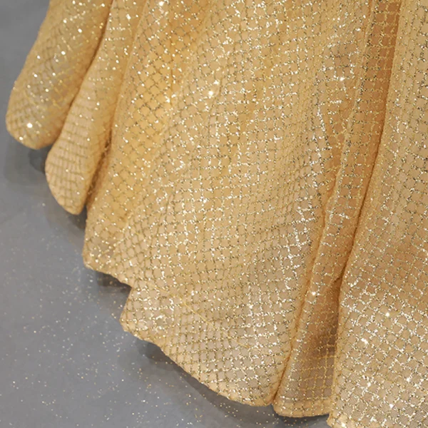 High-end Gold Dancing Prom Dresses 2023 Ball Gown Shoulders Sleeveless Glitter Tulle Floor-Length / Long Ruffle Backless Formal Dresses
