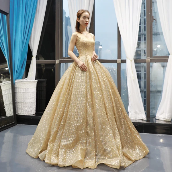 High-end Gold Dancing Prom Dresses 2023 Ball Gown Shoulders Sleeveless Glitter Tulle Floor-Length / Long Ruffle Backless Formal Dresses