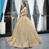 High-end Gold Dancing Prom Dresses 2023 Ball Gown Shoulders Sleeveless Glitter Tulle Floor-Length / Long Ruffle Backless Formal Dresses