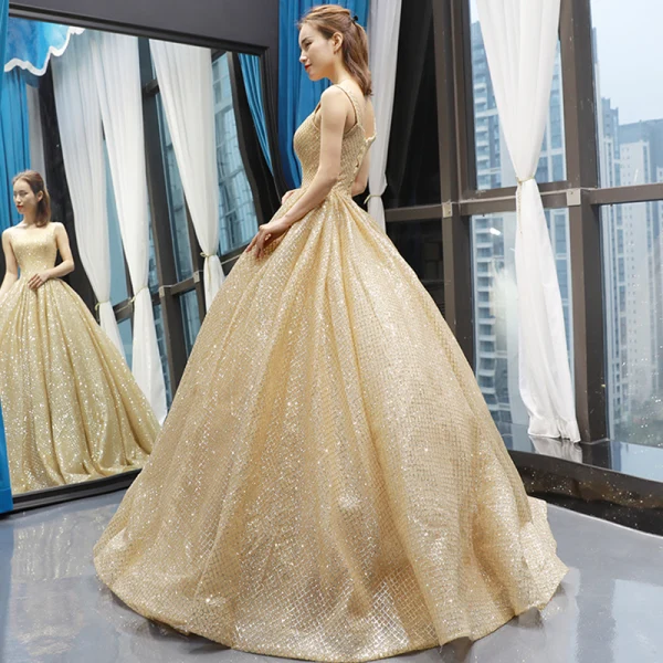 High-end Gold Dancing Prom Dresses 2023 Ball Gown Shoulders Sleeveless Glitter Tulle Floor-Length / Long Ruffle Backless Formal Dresses