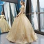 High-end Gold Dancing Prom Dresses 2023 Ball Gown Shoulders Sleeveless Glitter Tulle Floor-Length / Long Ruffle Backless Formal Dresses