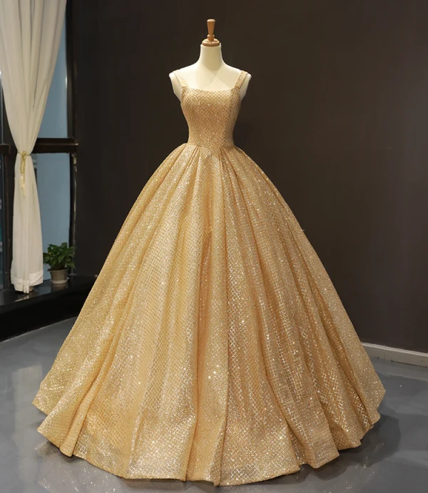 High-end Gold Dancing Prom Dresses 2023 Ball Gown Shoulders Sleeveless Glitter Tulle Floor-Length / Long Ruffle Backless Formal Dresses