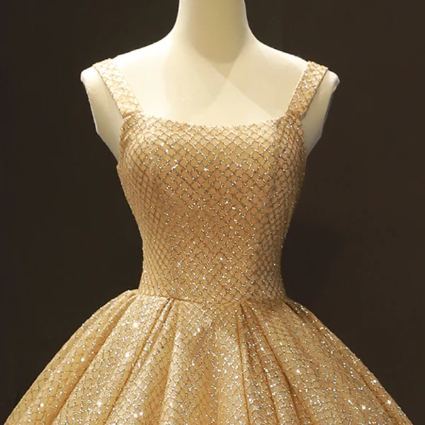 High-end Gold Dancing Prom Dresses 2023 Ball Gown Shoulders Sleeveless Glitter Tulle Floor-Length / Long Ruffle Backless Formal Dresses