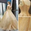 High-end Gold Dancing Prom Dresses 2023 Ball Gown Shoulders Sleeveless Glitter Tulle Floor-Length / Long Ruffle Backless Formal Dresses