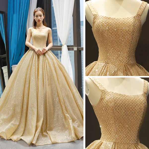 High-end Gold Dancing Prom Dresses 2023 Ball Gown Shoulders Sleeveless Glitter Tulle Floor-Length / Long Ruffle Backless Formal Dresses