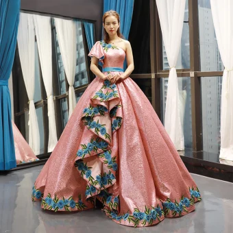 Sparkly Pearl Pink Sequins Dancing Prom Dresses 2023 Ball Gown One Shoulder Short Sleeve Appliques Embroidered Flower Floor Length Long Ruffle Backless