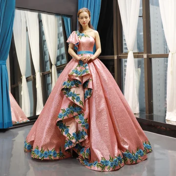 Sparkly Pearl Pink Sequins Dancing Prom Dresses 2023 Ball Gown One Shoulder Short Sleeve Appliques Embroidered Flower Floor Length Long Ruffle Backless
