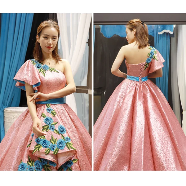 Sparkly Pearl Pink Sequins Dancing Prom Dresses 2023 Ball Gown One-Shoulder Short Sleeve Appliques Embroidered Flower Floor-Length / Long Ruffle Backless