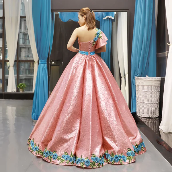 Sparkly Pearl Pink Sequins Dancing Prom Dresses 2023 Ball Gown One-Shoulder Short Sleeve Appliques Embroidered Flower Floor-Length / Long Ruffle Backless