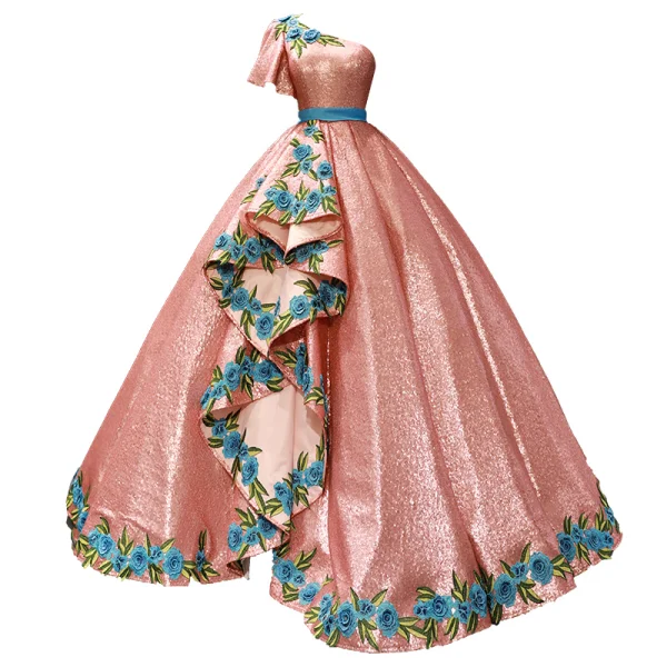 Sparkly Pearl Pink Sequins Dancing Prom Dresses 2023 Ball Gown One-Shoulder Short Sleeve Appliques Embroidered Flower Floor-Length / Long Ruffle Backless
