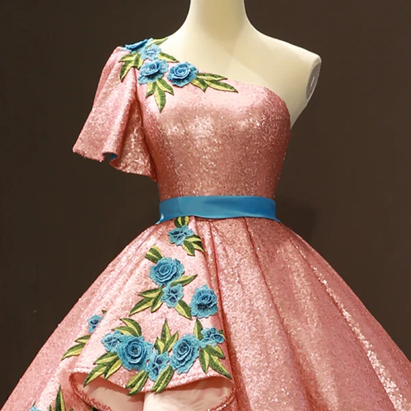 Sparkly Pearl Pink Sequins Dancing Prom Dresses 2023 Ball Gown One-Shoulder Short Sleeve Appliques Embroidered Flower Floor-Length / Long Ruffle Backless