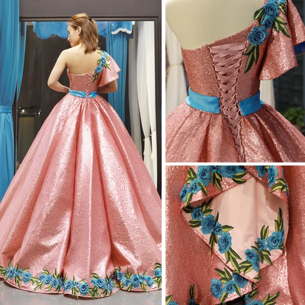 Sparkly Pearl Pink Sequins Dancing Prom Dresses 2023 Ball Gown One-Shoulder Short Sleeve Appliques Embroidered Flower Floor-Length / Long Ruffle Backless