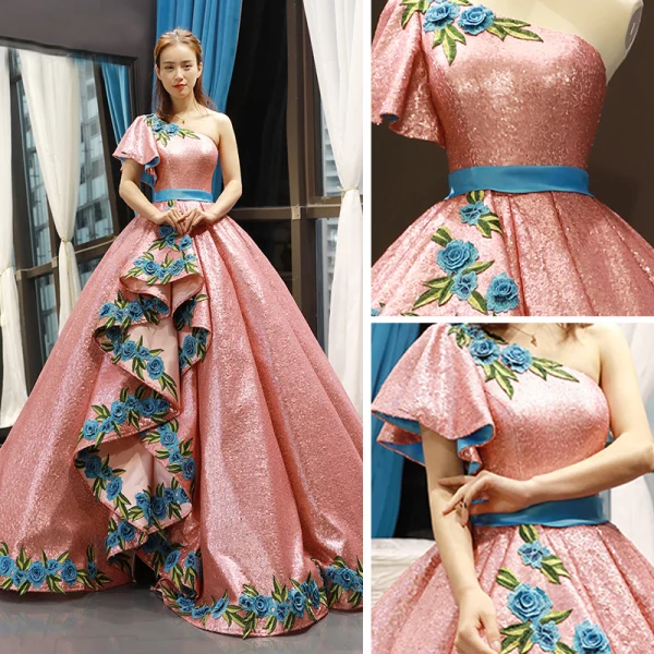 Sparkly Pearl Pink Sequins Dancing Prom Dresses 2023 Ball Gown One-Shoulder Short Sleeve Appliques Embroidered Flower Floor-Length / Long Ruffle Backless