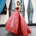 High-end Rød Suede Ballkjoler 2023 Ballkjole Kjæreste Uten Ermer Beading Appliques Paljetter Feie Tog Buste Ryggløse Formelle Kjoler