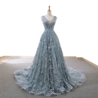 Gama Alta Gris Azul Cielo Vestidos de noche 2023 A-Line / Princess Transparentes V-cuello Profundo Sin Mangas Apliques Con Encaje Rebordear Colas De La Corte Ruffle Sin Espalda