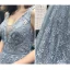 Haut de Gamme Gris Bleu Ciel Robe De Soirée 2023 Princesse Transparentes Col v profond Sans Manches Appliques En Dentelle Perlage Tribunal Train Volants Dos Nu